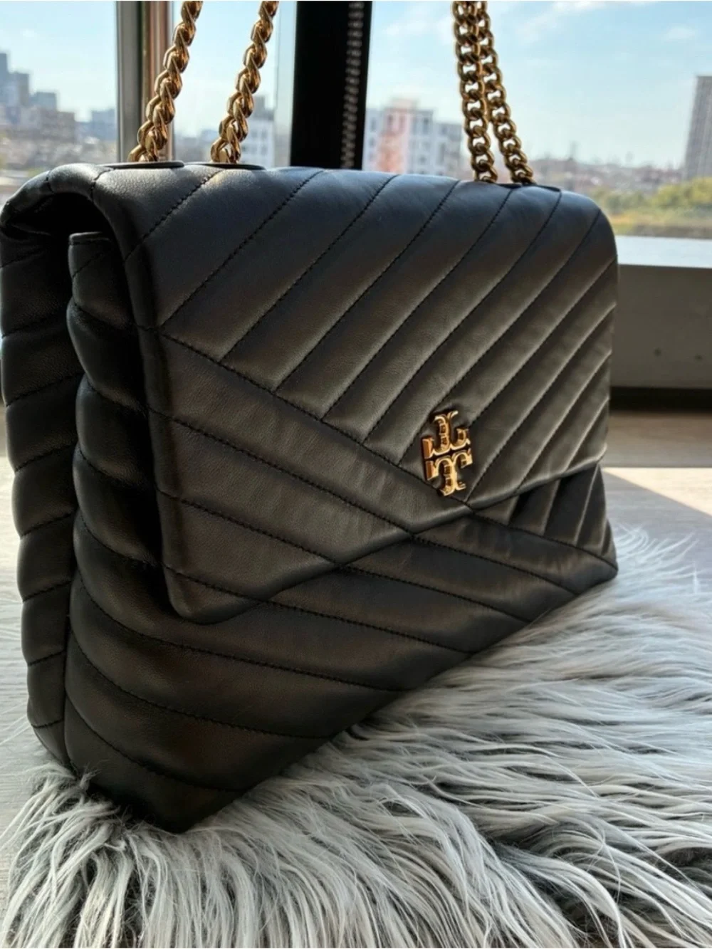 Tory Burch Black Quilted Shoulder Bag with Gold Chain Strap